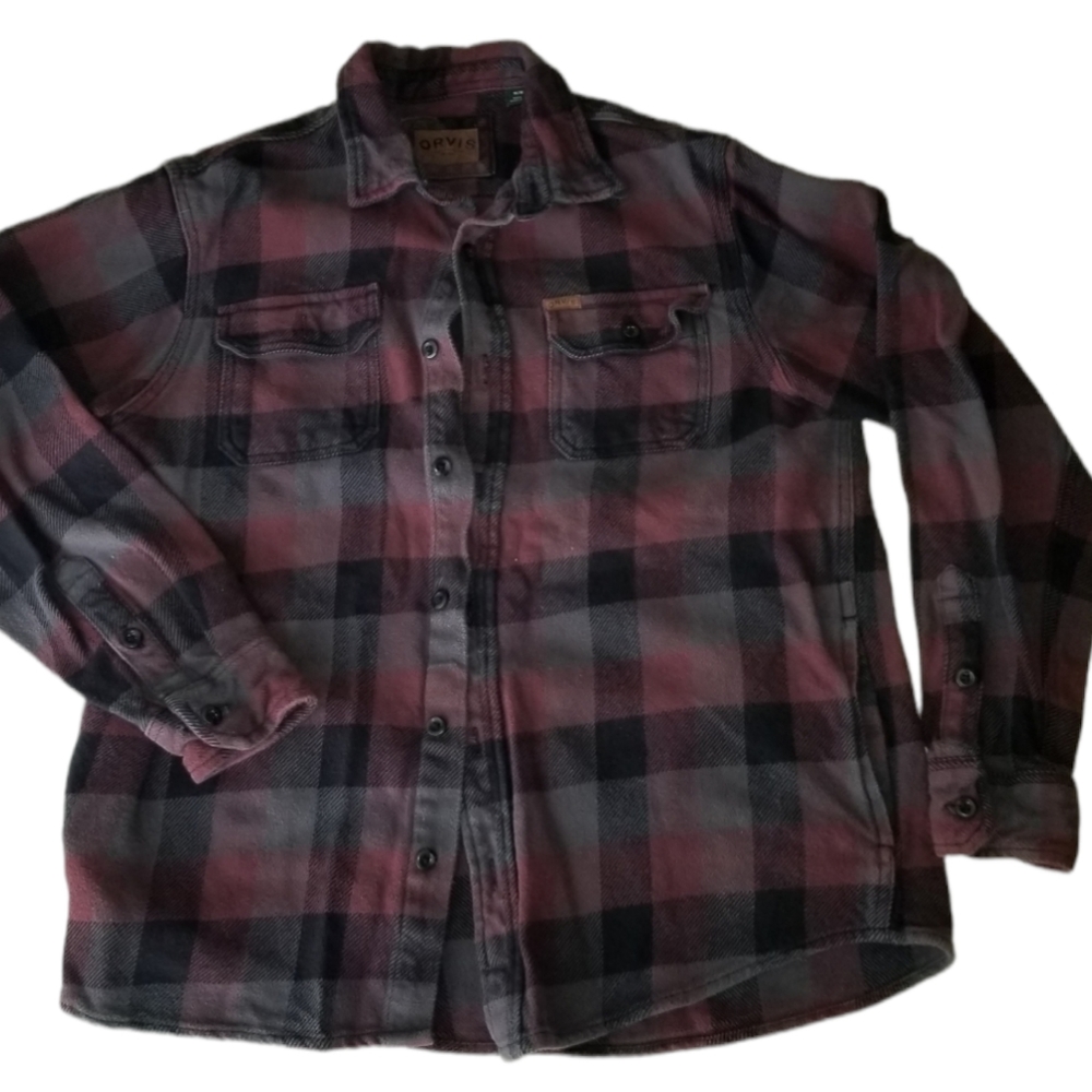 Orvis Big Bear Heavy Flannel Plaid Shacket Shirt Jacket Pockets Men's M Burgundy